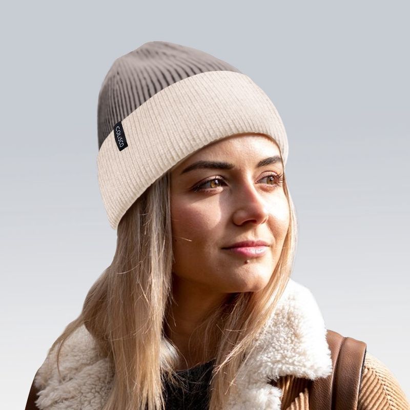 Colisco Soft Warm Cuff Beanie, Cozy Winter Knitted Beanie Hat, Brown/Cream 10224