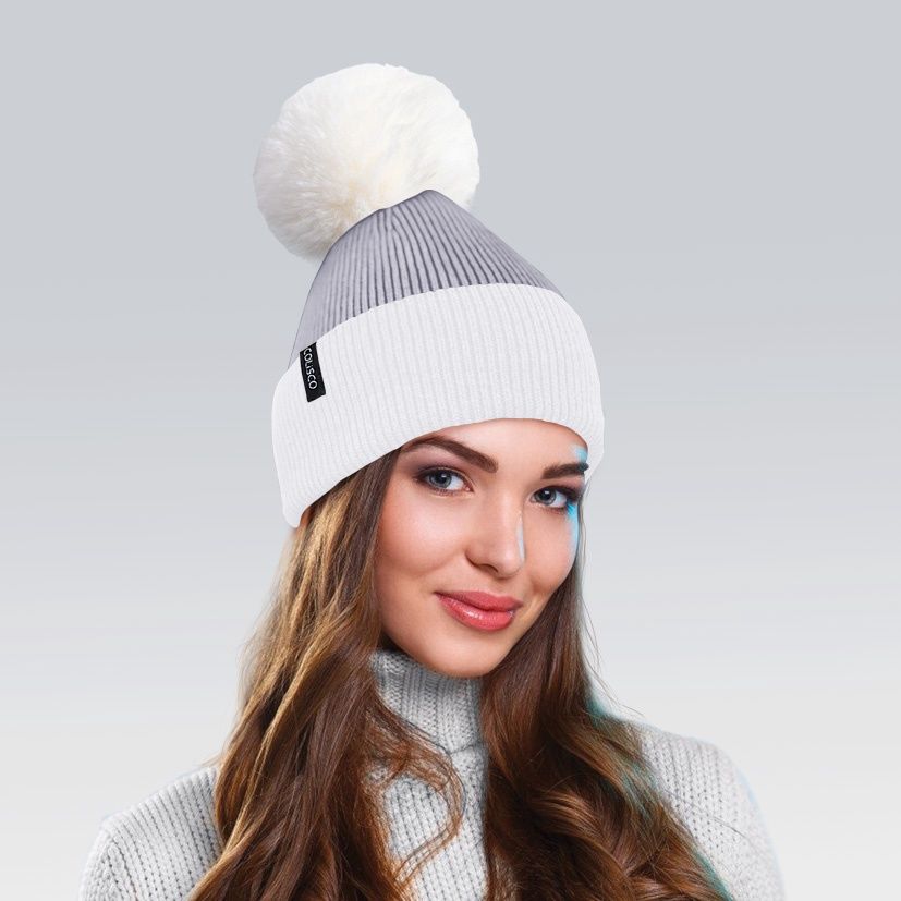 Colisco Soft Warm Pompom Beanies, Cozy Winter Knitted Beanie Hat, White/Gray 10129