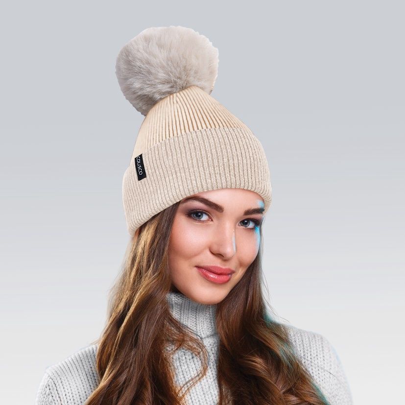 Colisco Soft Warm Pompom Beanies, Cozy Winter Knitted Beanie Hat, Cream 10103