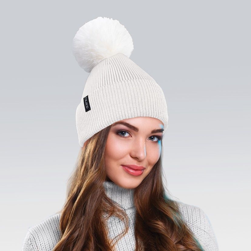 Colisco Soft Warm Pompom Beanies, Cozy Winter Knitted Beanie Hat, White 10098