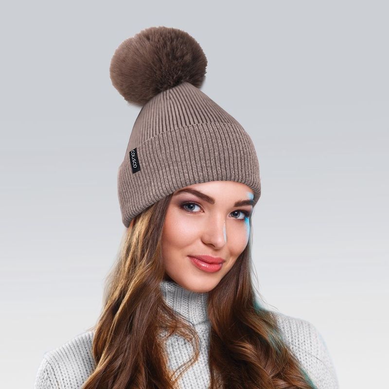Colisco Soft Warm Pompom Beanies, Cozy Winter Knitted Beanie Hat, Light Brown 10106