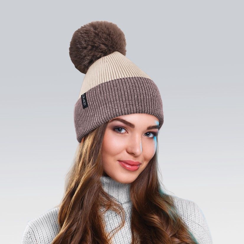 Colisco Soft Warm Pompom Beanies, Cozy Winter Knitted Beanie Hat, Brown/Cream 10137