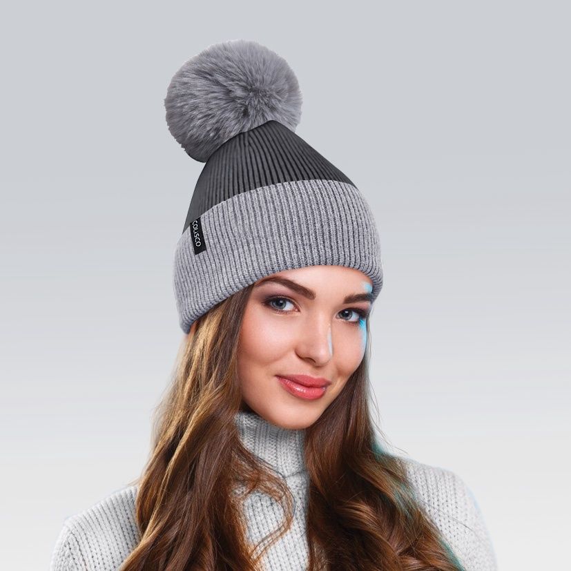 Colisco Soft Warm Pompom Beanies, Cozy Winter Knitted Beanie Hat, Grey/Dark Grey 10138