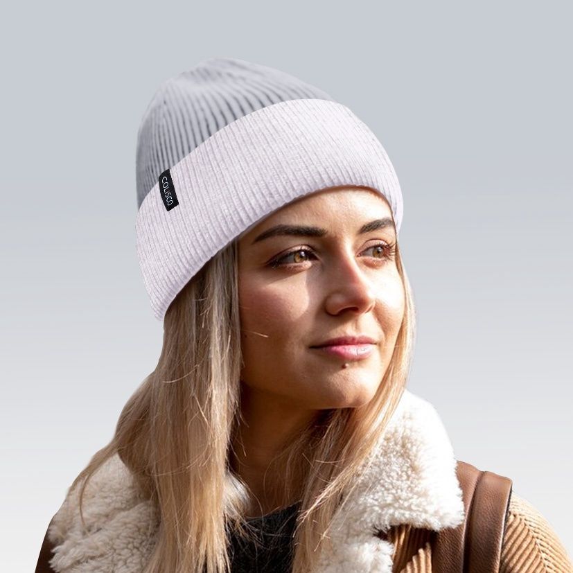 Colisco Soft Warm Cuff Beanie, Cozy Winter Knitted Beanie Hat, Grey/Pink 10226