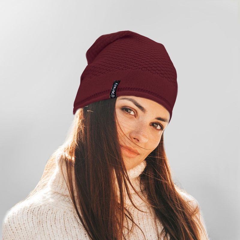 Colisco Soft Warm Slouch Beanie, Cozy Winter Knitted Beanie Hat, Dark Red 10154
