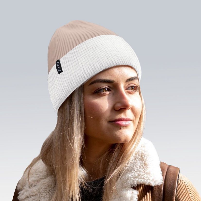 Colisco Soft Warm Cuff Beanie, Cozy Winter Knitted Beanie Hat, Light Brown/White 10225