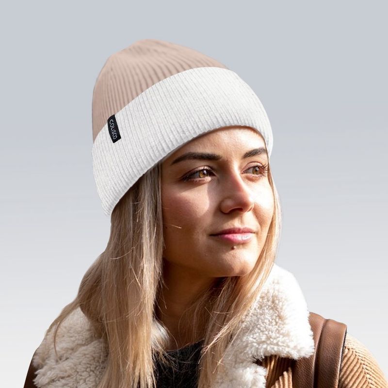 Colisco Soft Warm Cuff Beanie, Cozy Winter Knitted Beanie Hat, Light Brown/White 10225