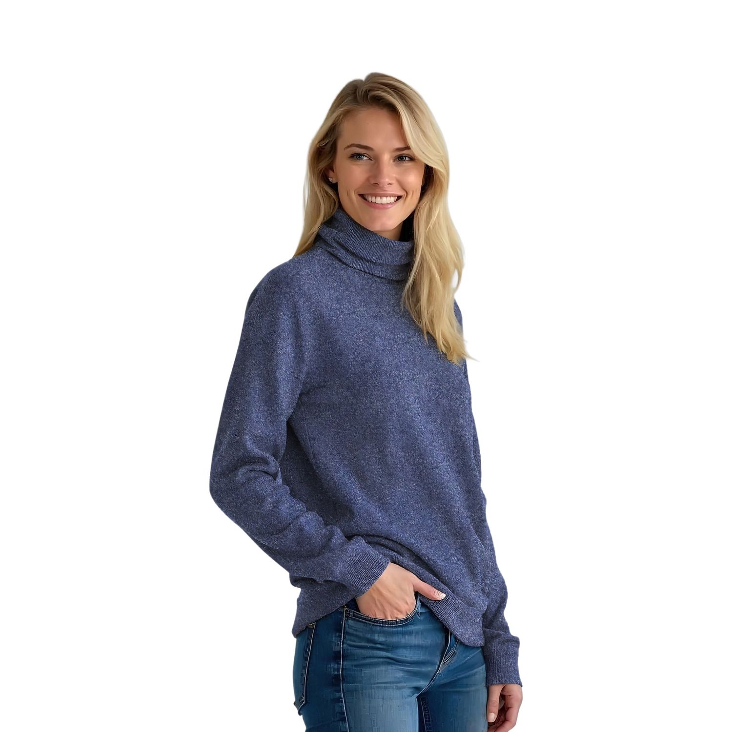 Colisco's 100% Pure Cashmere Mock Neck Sweater, Blue Heather, Large