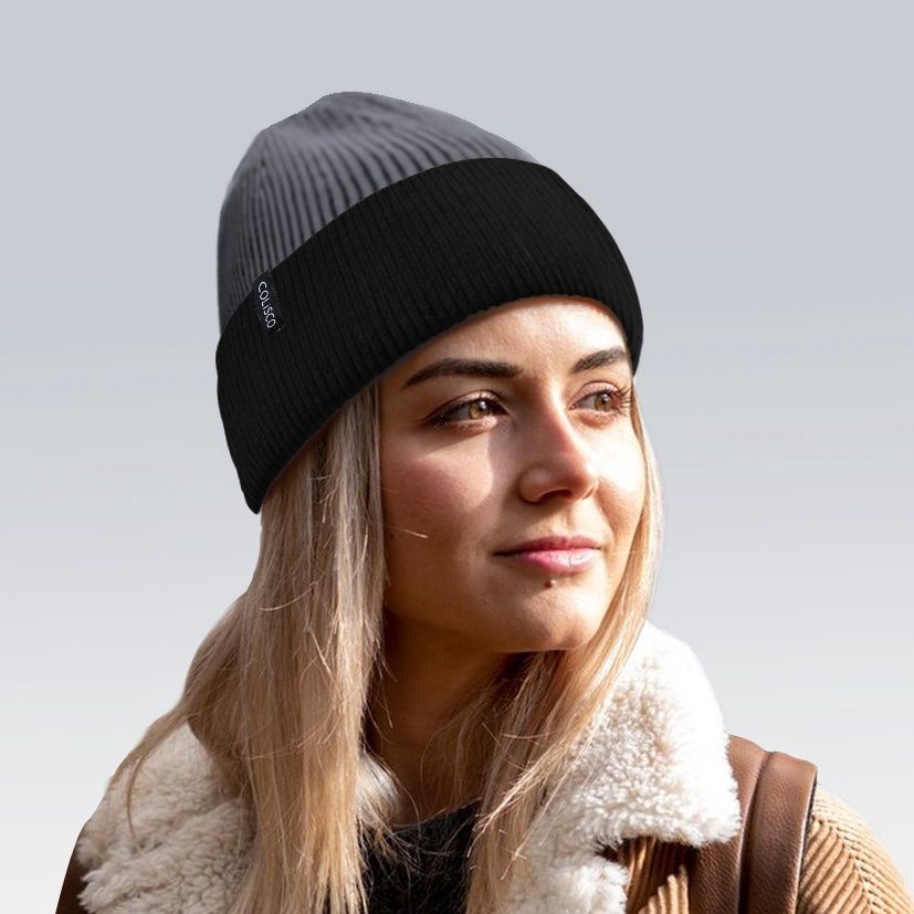 Colisco Soft Warm Cuff Beanie, Cozy Winter Knitted Beanie Hat, Black/Grey 10211