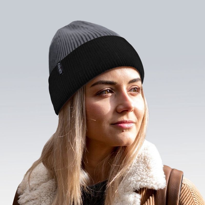 Colisco Soft Warm Cuff Beanie, Cozy Winter Knitted Beanie Hat, Black/Grey 10211