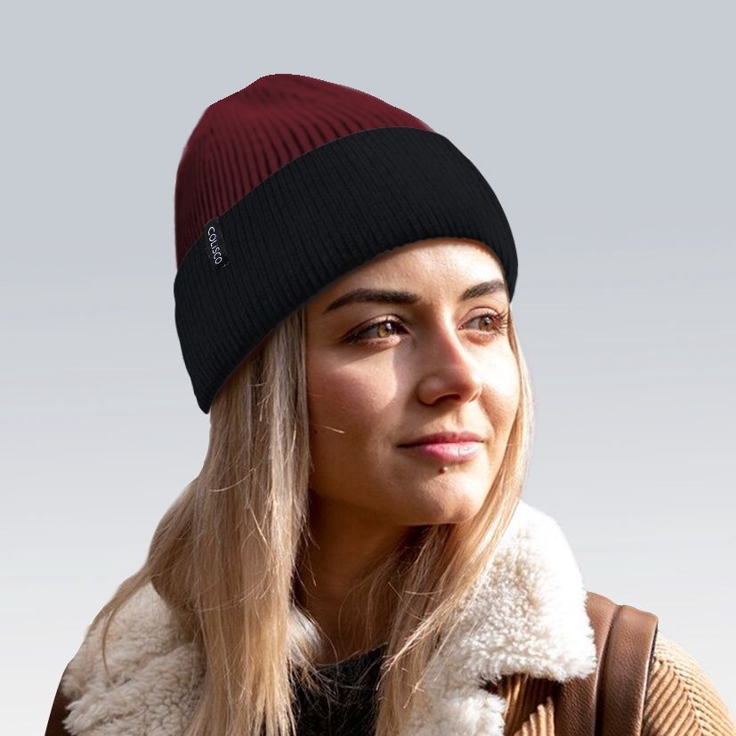 Colisco Soft Warm Cuff Beanie, Cozy Winter Knitted Beanie Hat, Red/Black 10217