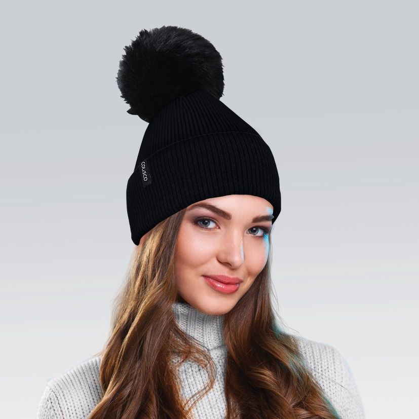 Colisco Soft Warm Pompom Beanies, Cozy Winter Knitted Beanie Hat, Black 10117