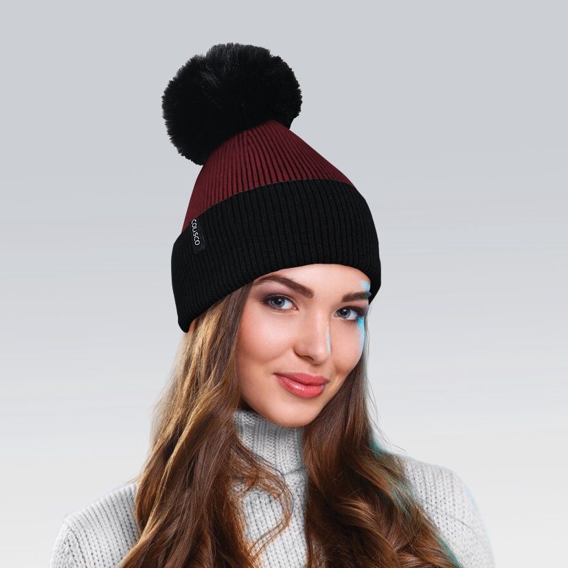 Colisco Soft Warm Pompom Beanies, Cozy Winter Knitted Beanie Hat, Burgundy/Black 10144