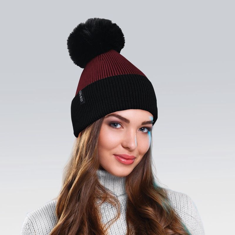 Colisco Soft Warm Pompom Beanies, Cozy Winter Knitted Beanie Hat, Burgundy/Black 10144