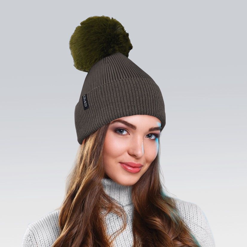 Colisco Soft Warm Pompom Beanies, Cozy Winter Knitted Beanie Hat, Khaki 10112