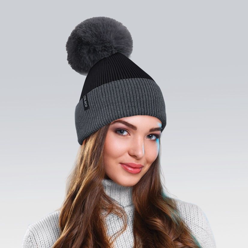Colisco Soft Warm Pompom Beanies, Cozy Winter Knitted Beanie Hat, Black/Dark Gray 10130