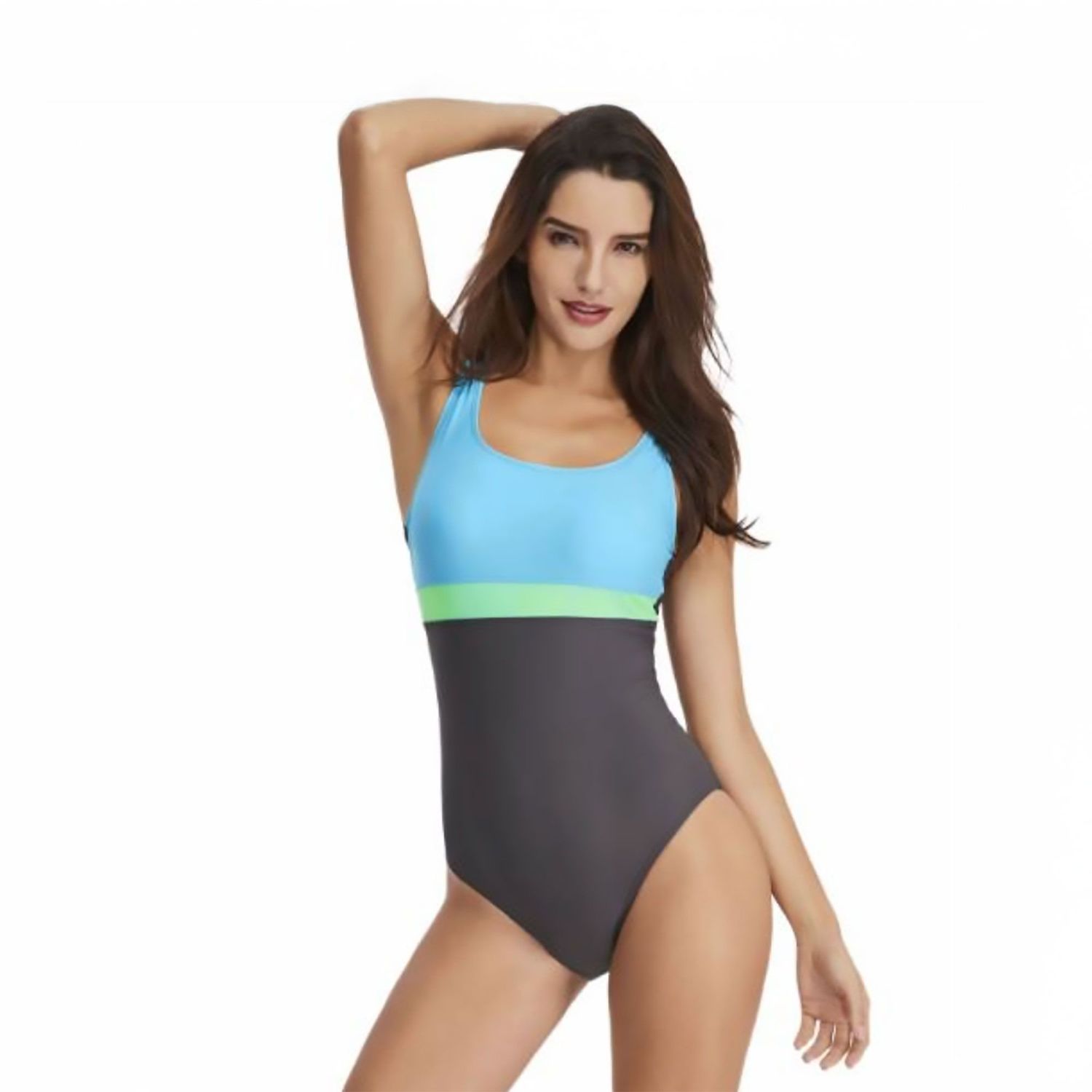 Colisco Tricolor Swimsuit, Grey/Skyblue/Green