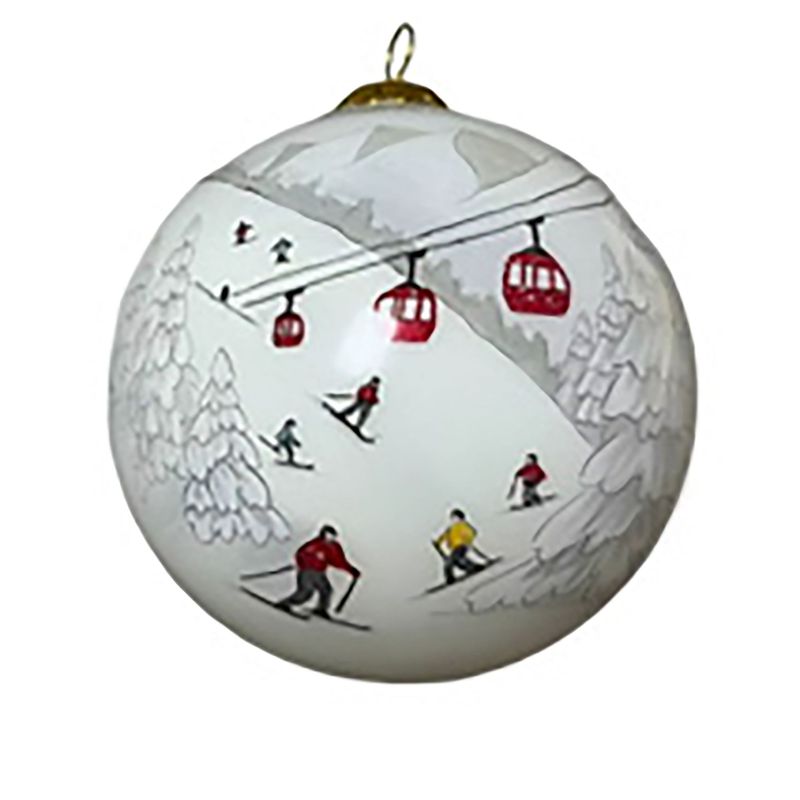Colisco Gondola &amp; Skiers Hand Painted Glass Ornament – Whimsical Alpine Charm for the Holidays