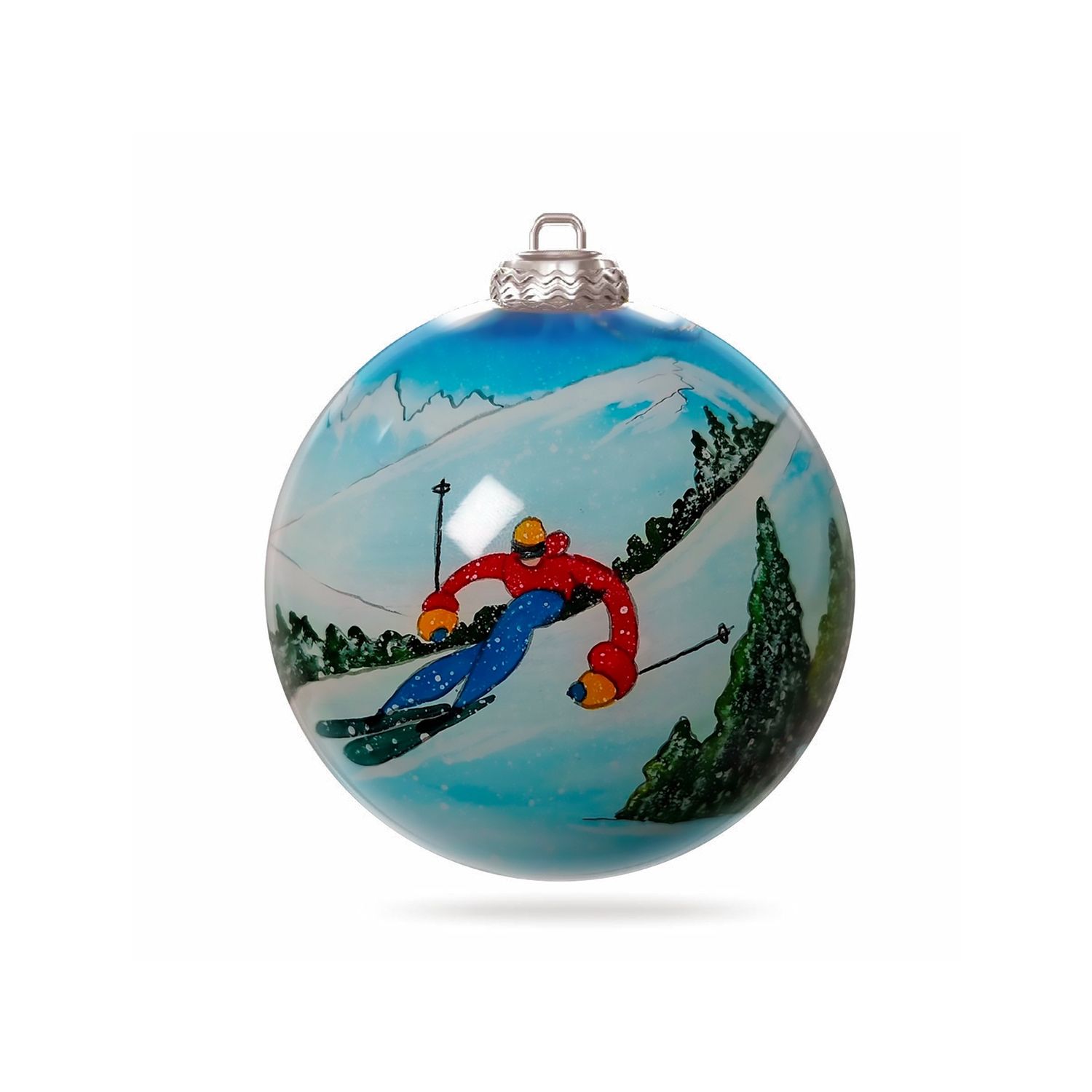 Colisco Hotdogging Skiers Hand Painted Glass Ornament, 80mm