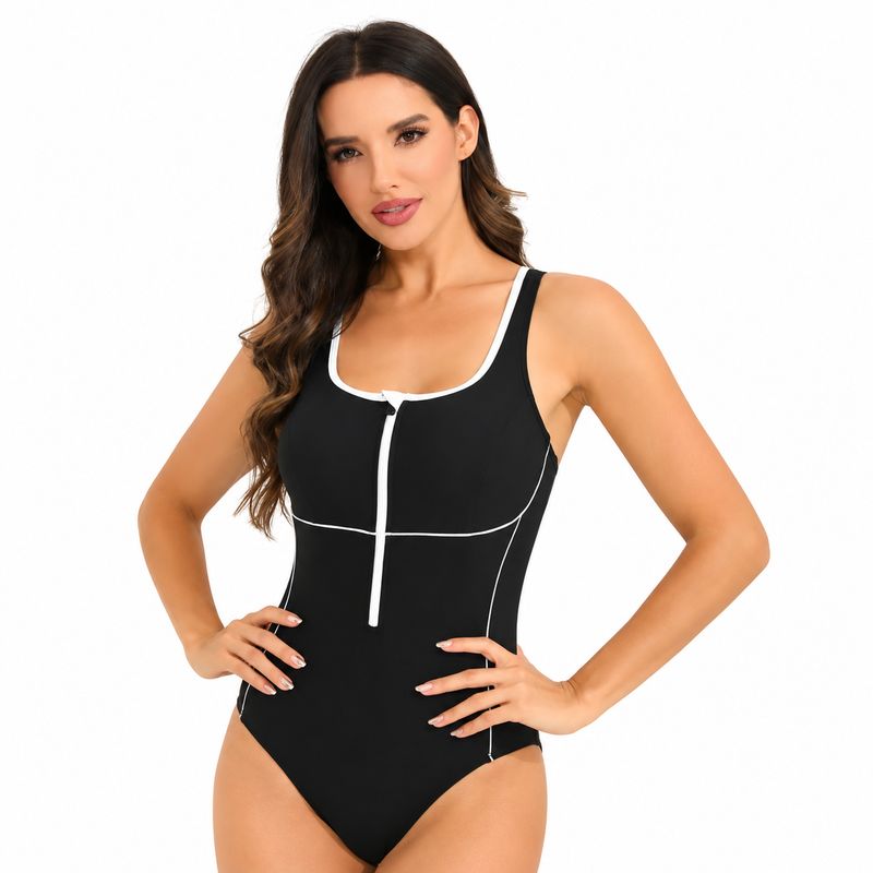 Colisco Zipper Front Swimsuit, Black and White