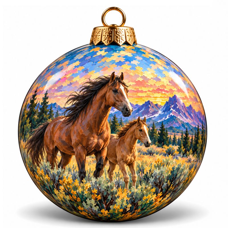 Colisco Mountain Horses River Hand Painted Ornament