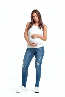 Maternity Destructed Skinny Jean w/ Bellyband in Irene