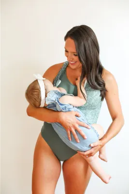 One Piece Zip Up Breastfeeding Swimsuit - Green