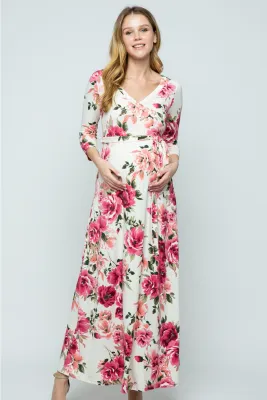 Pink-White Floral Surplice Maternity &amp; Nursing Maxi Dress