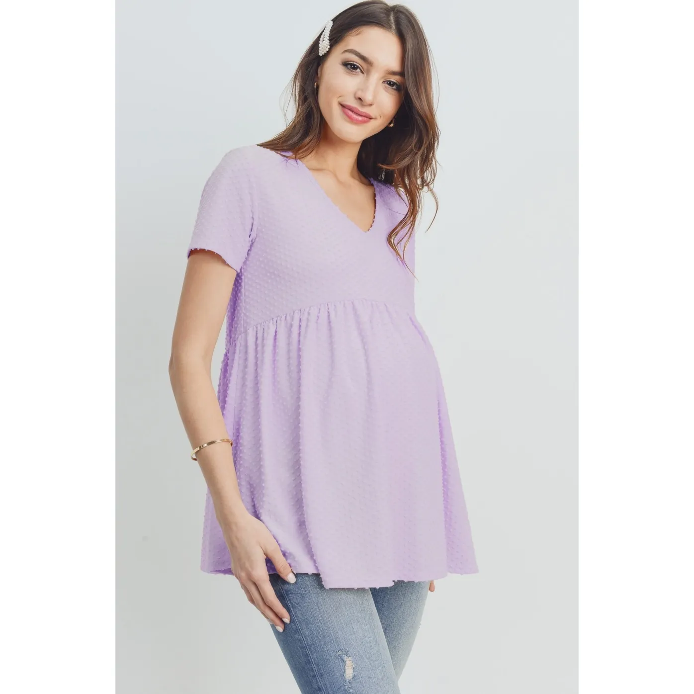 V-Neck Short Sleeve Maternity Swiss Dot Top