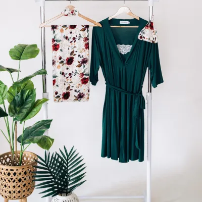Emerald Green Maternity Delivery Gown &amp; Red Rose Swaddle