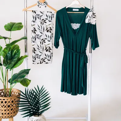 Emerald Green Maternity Delivery Gown &amp; Leafy Vine Swaddle