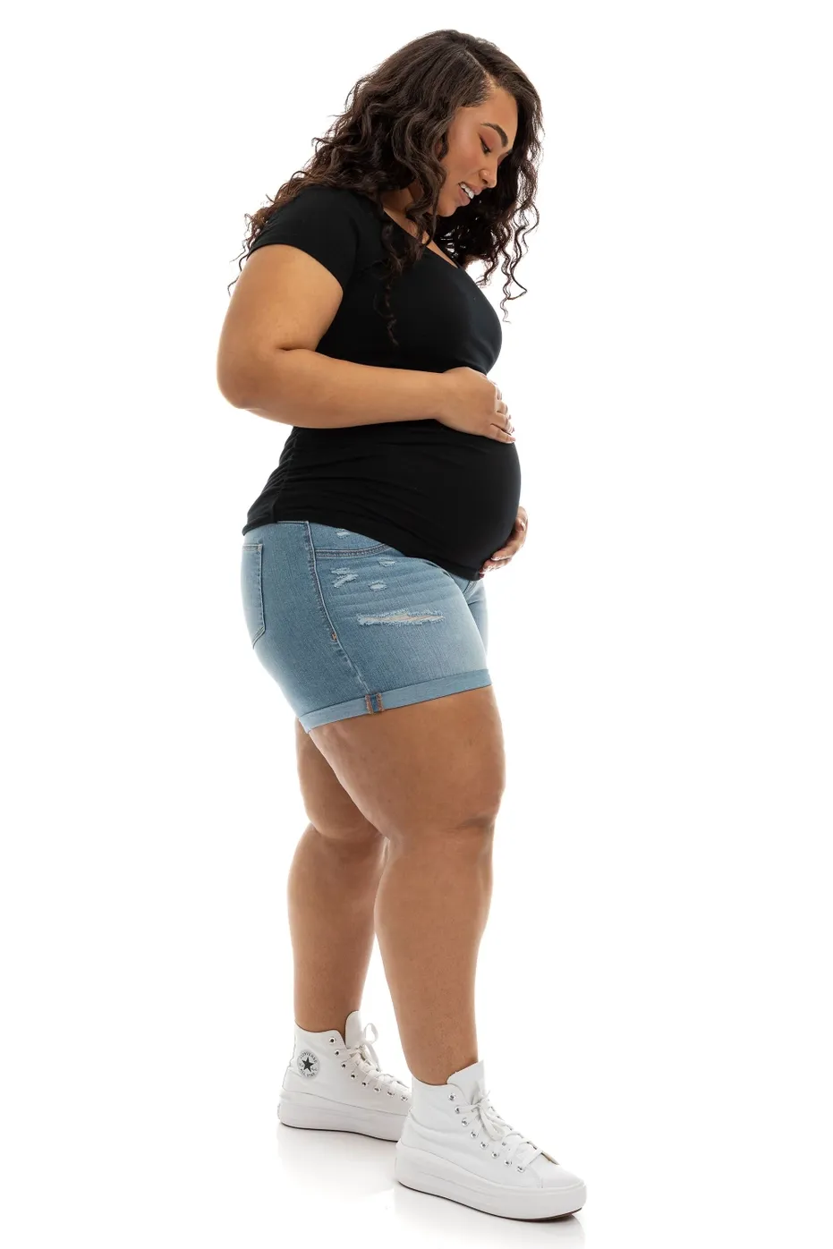 CLEARANCE Maternity Plus Roll Cuff Jean Shorts w/ Bellyband