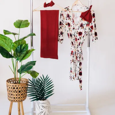Red Rose Maternity Delivery Gown &amp; Red Brick Swaddle
