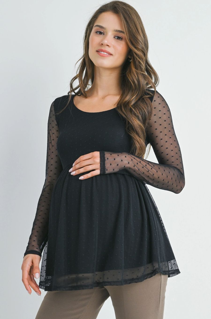 Black Polka Dot Mesh Sleeve Maternity Top