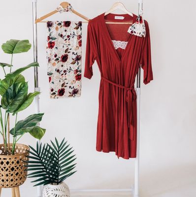 Brick Red Maternity Delivery Gown &amp; Red Rose Swaddle