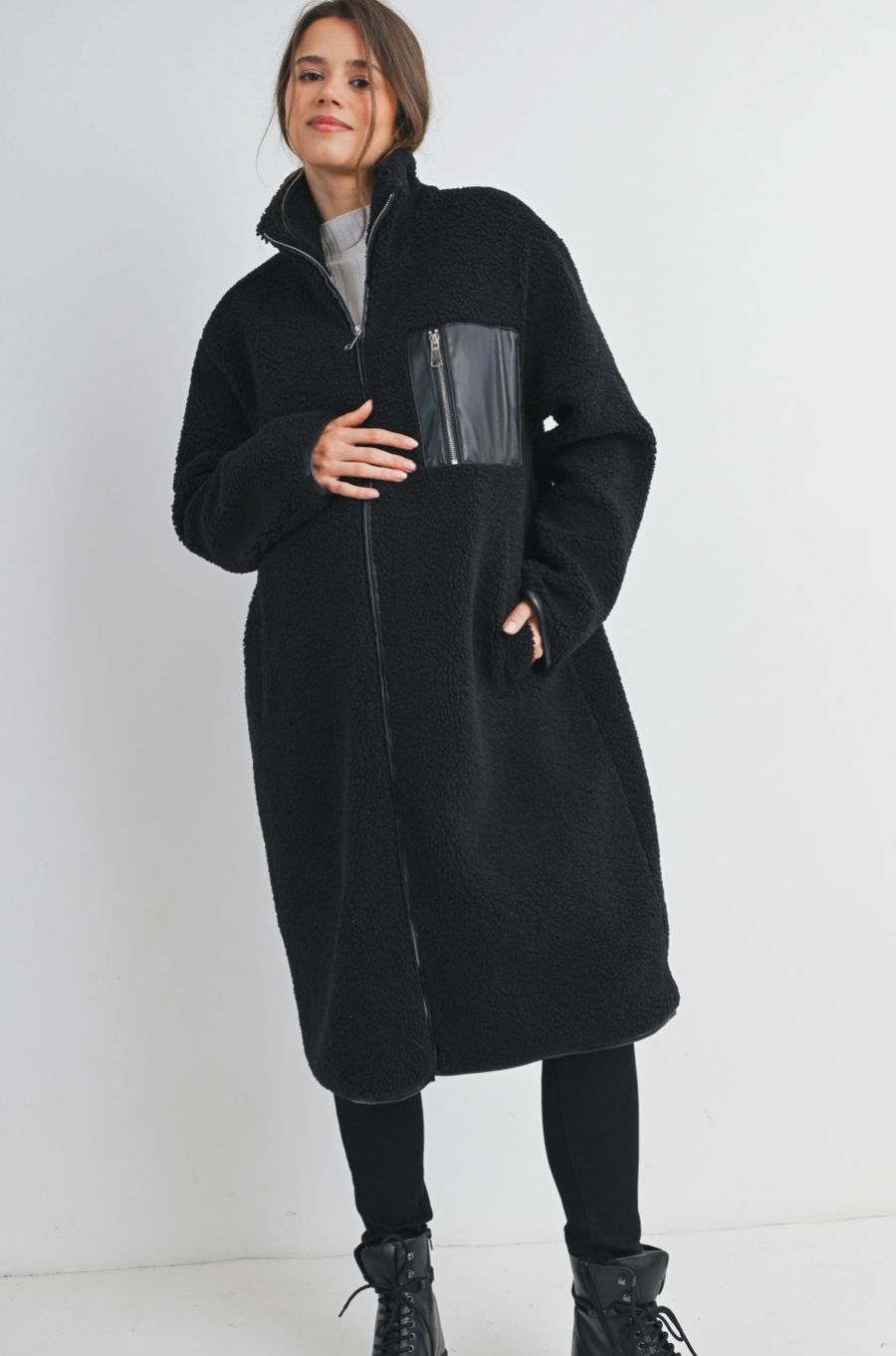 Teddy Fleece Zip-Up Maternity Long Coat