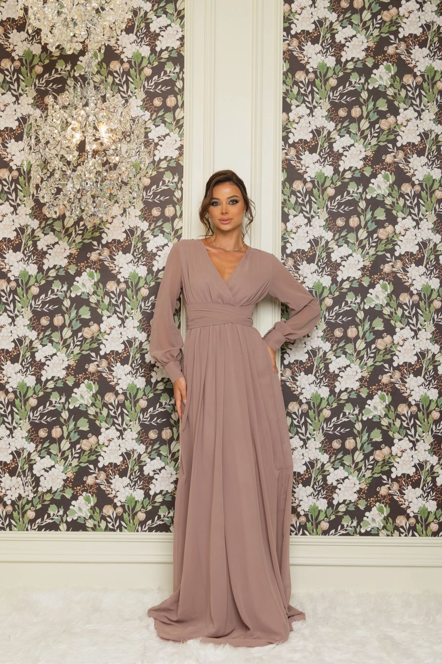 Long Sleeve Chiffon Maxi Dress, Colour: Dark Mauve, Size: S