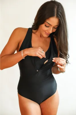 SALE One Piece Zip Up Breastfeeding Swimsuit - Black
