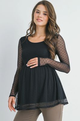 Black Polka Dot Mesh Sleeve Maternity Top