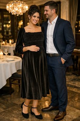 Long Sleeve Square Neck Smocked Velvet Midi Dress W Pockets