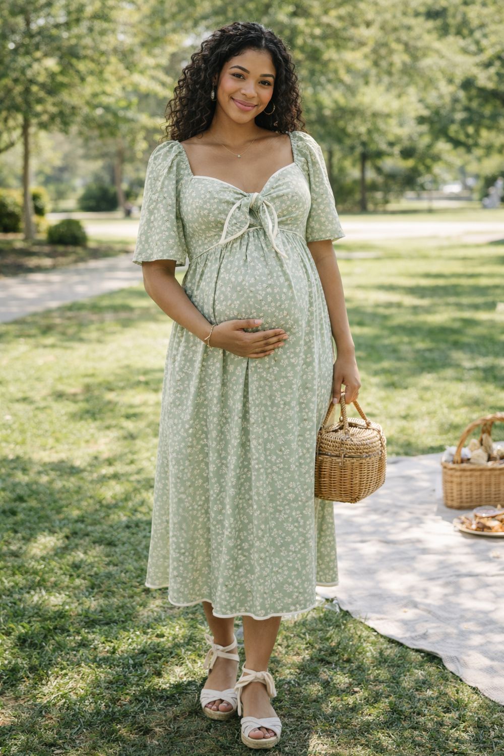 Graceful Floral Tie Front Flowy Smocked Midi Dress