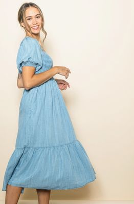 Vintage Washed Chambray Denim Smocked Tiered Midi Dress