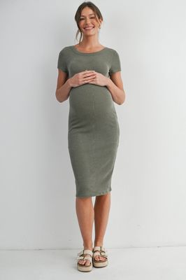 Ribbed Short Sleeve Maternity Midi Dress with Open Back