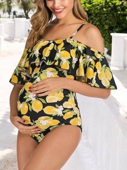 Off Shoulder Lemon Print Maternity Swimsuit