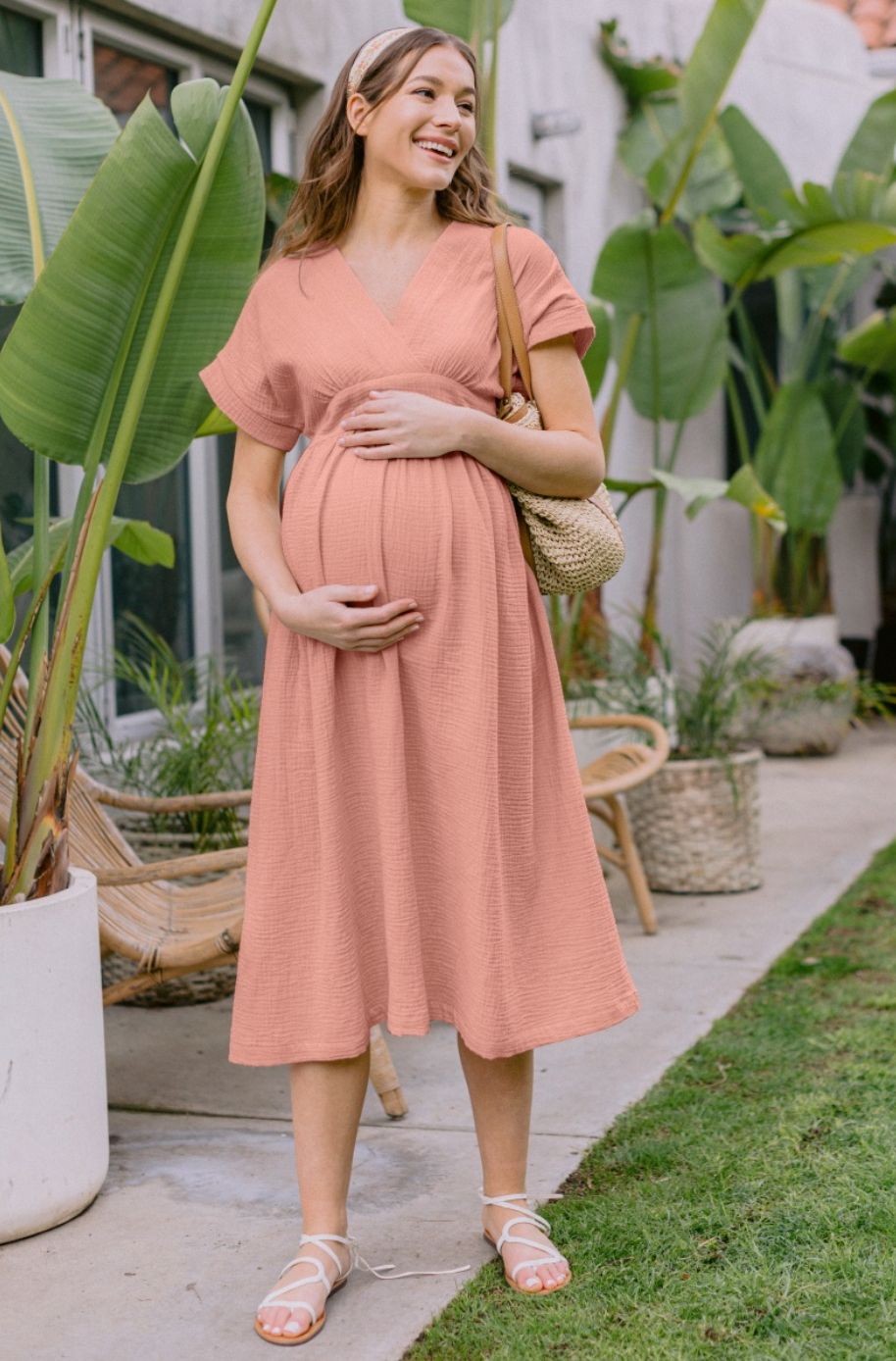 Surplice Dolman Sleeve Maternity Cotton Midi Dress