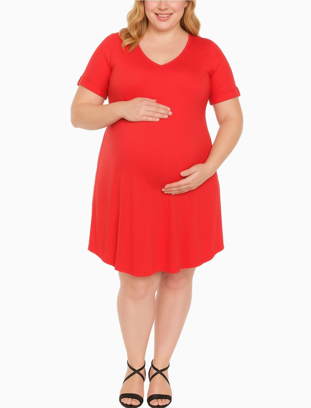 Maternity V-Neck Red Swing Dress