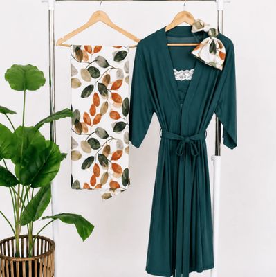 Emerald Green Maternity Delivery Gown and Leafy Swaddle