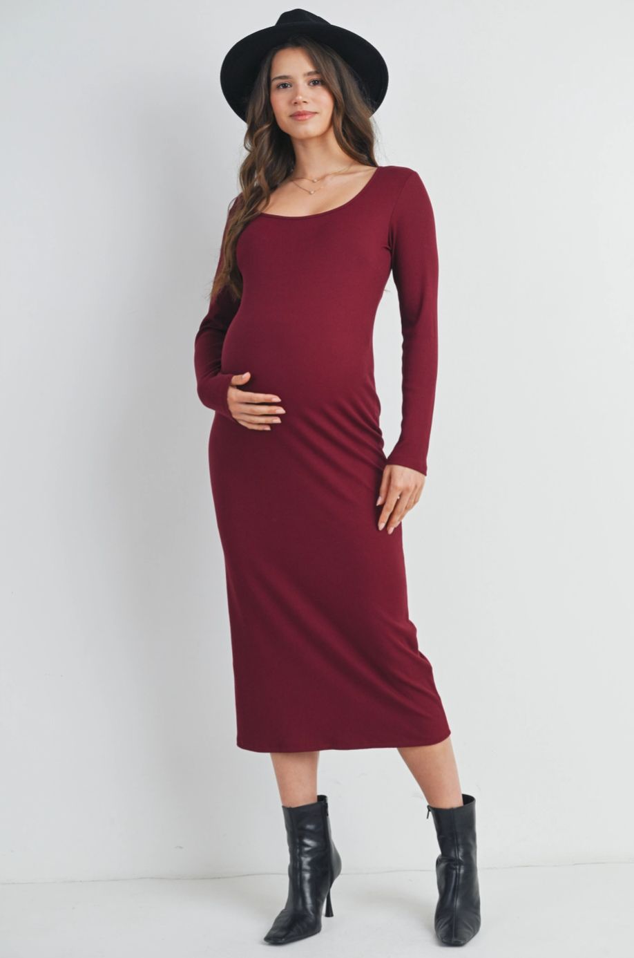 Ribbed Scoop Neck Long Sleeve Bodycon Maternity Midi Dress