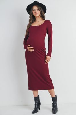 Ribbed Scoop Neck Long Sleeve Bodycon Maternity Midi Dress