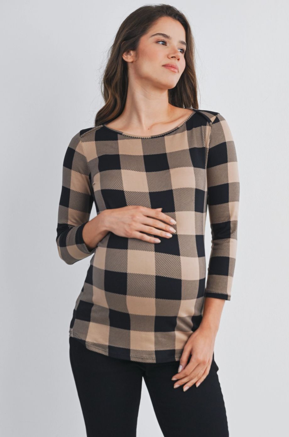 Boatneck 3/4 Sleeve Plaid Maternity Top